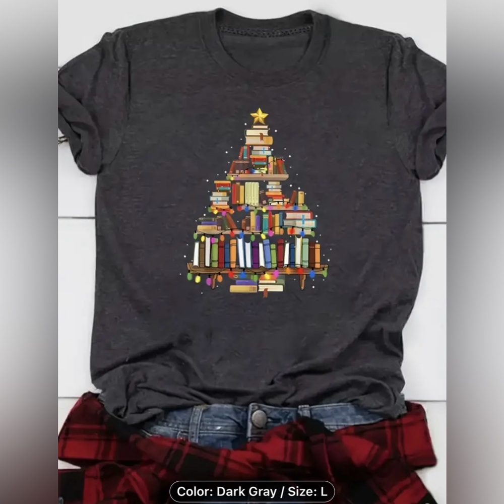 New Tshirt, Graphic / Print Top, Christmas made made of books, dark gray, large